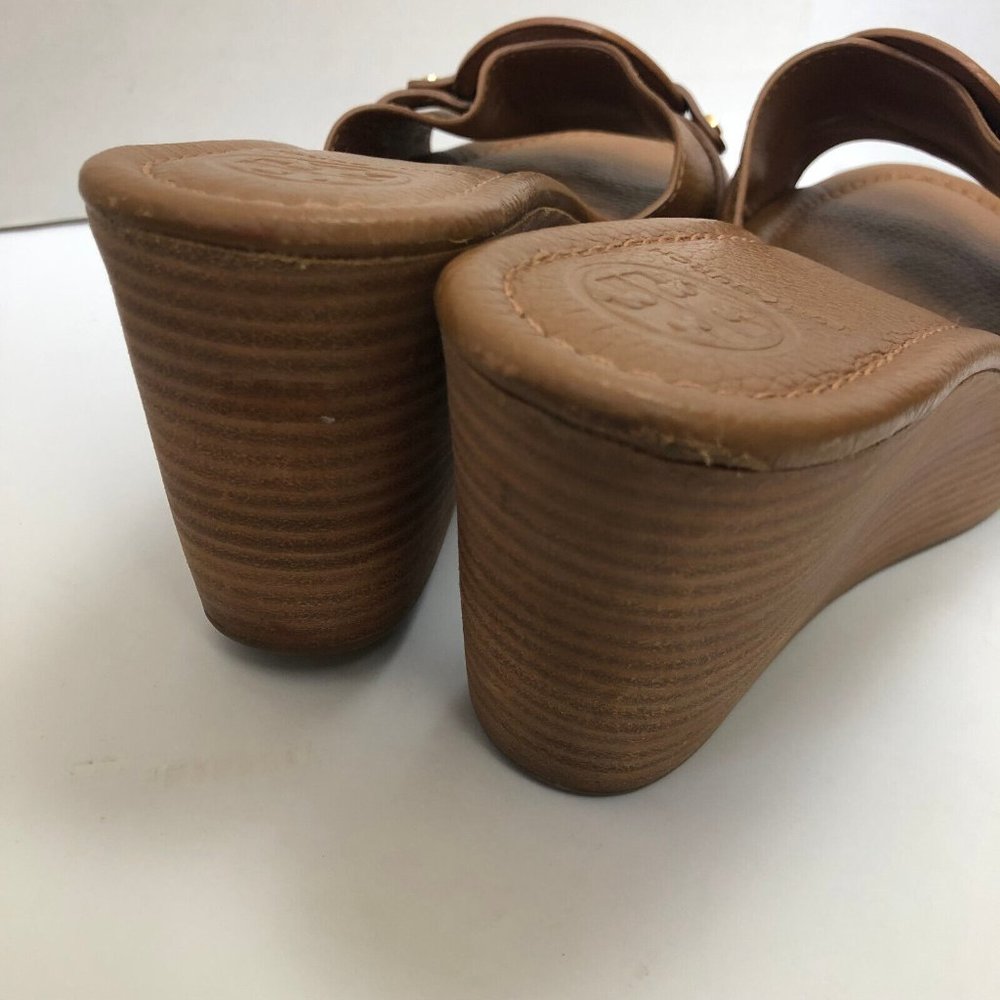 Tory Burch Patti Wedge Sandals Slides Platform Camel Brown Leather Womens 9M 9 - Picture 9 of 12